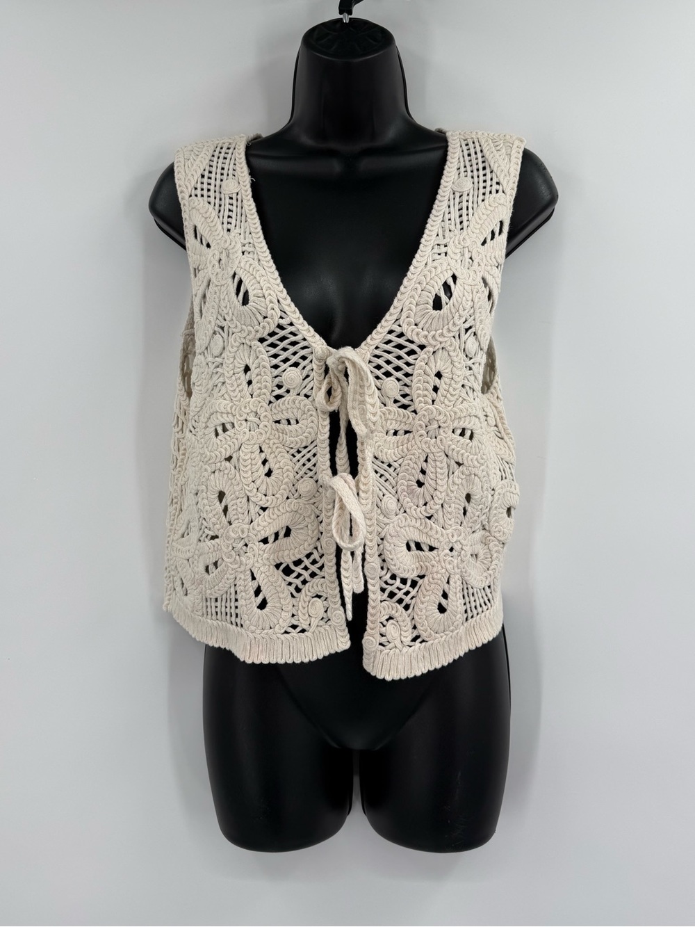 Rachel Zoe Crochet Tie Front Vest Cotton Open Knit | Cream | Medium